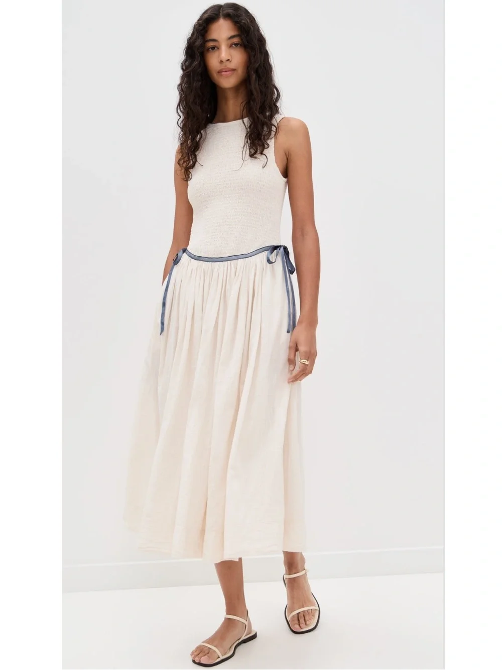 Free People Nightingale Smocked Seersucker Midi Dress in Tea Navy Combo New!